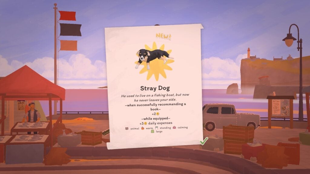 Stray dog perks when equipped to your tiny bookshop